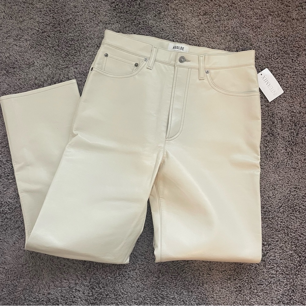 Agolde 90s Pinch Waist Leather Pants, Ivory